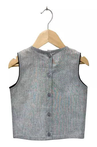 woven cotton sleeveless placement embroidered top with palazzo-grey & coral