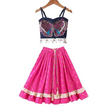 woven denim sleeveless placement embroidered top with printed lehenga-blue & pink 1