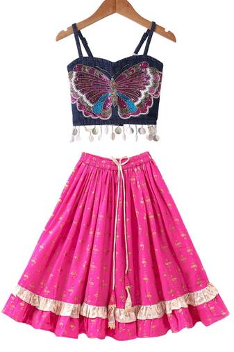 woven denim sleeveless placement embroidered top with printed lehenga-blue & pink