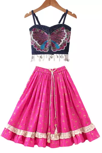 woven denim sleeveless placement embroidered top with printed lehenga-blue & pink