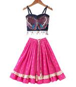 woven denim sleeveless placement embroidered top with printed lehenga-blue & pink