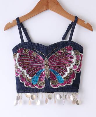 woven denim sleeveless placement embroidered top with printed lehenga-blue & pink 2