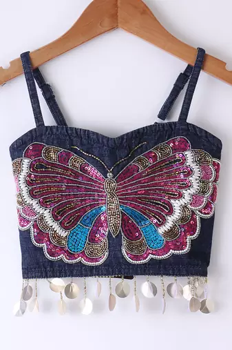 woven denim sleeveless placement embroidered top with printed lehenga-blue & pink