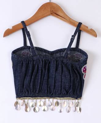 woven denim sleeveless placement embroidered top with printed lehenga-blue & pink 3
