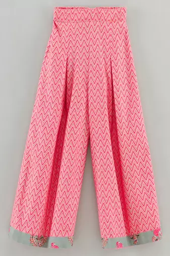 woven cotton sleeveless placement embroidered top with palazzo-grey & coral