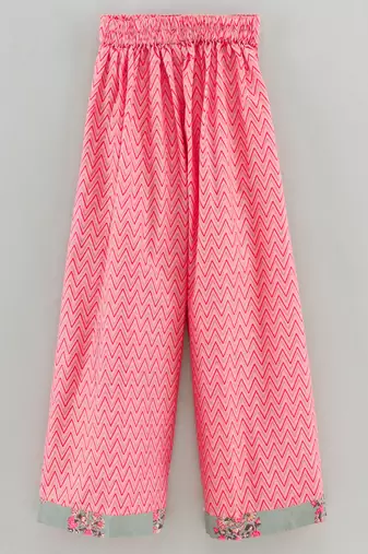 woven cotton sleeveless placement embroidered top with palazzo-grey & coral