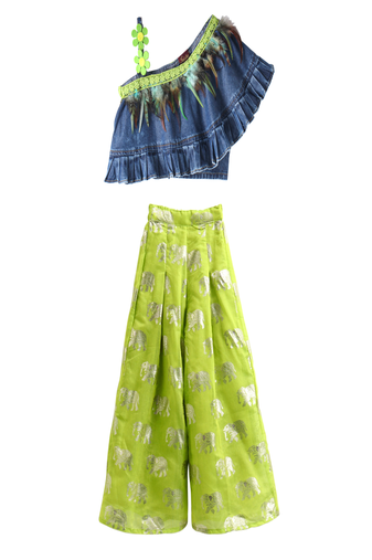 woven denim sleeveless solid top with printed palazzo-blue & limegreen