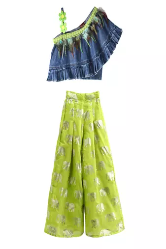 woven denim sleeveless solid top with printed palazzo-blue & limegreen