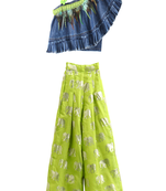 woven denim sleeveless solid top with printed palazzo-blue & limegreen