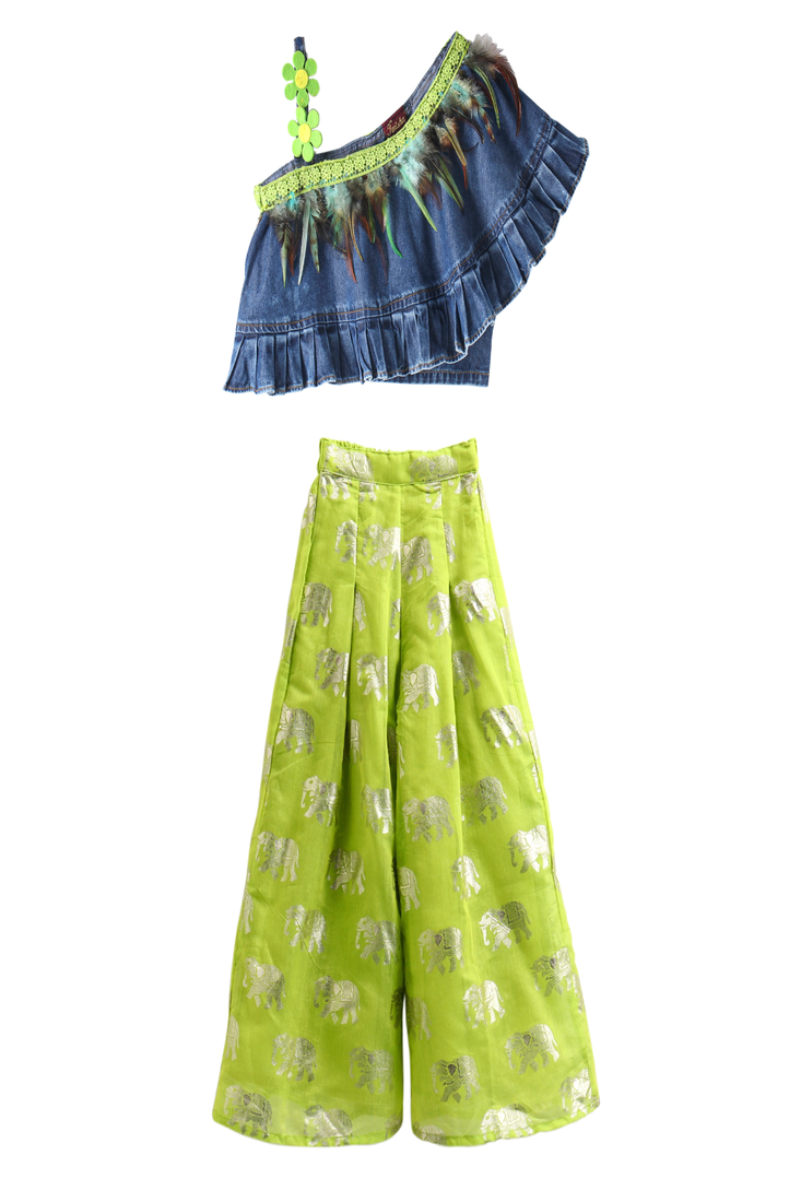woven denim sleeveless solid top with printed palazzo-blue & limegreen