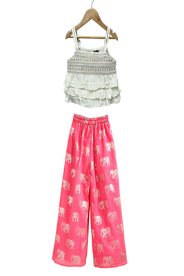 woven sleeveless embellished top with chanderi printed palazzo-white & coral 1