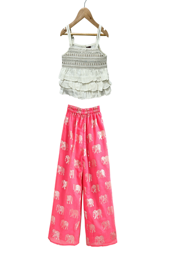 woven sleeveless embellished top with chanderi printed palazzo-white & coral