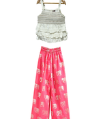 woven sleeveless embellished top with chanderi printed palazzo-white & coral