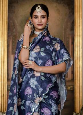 Multi color chinon silk Blend floral printed ready to wear saree with mirror work border 1