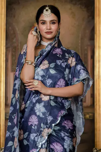 Multi color chinon silk Blend floral printed ready to wear saree with mirror work border