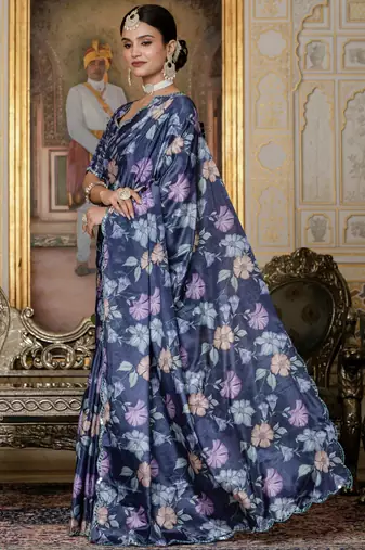 Multi color chinon silk Blend floral printed ready to wear saree with mirror work border