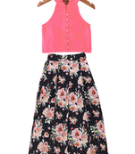 woven chanderi sleeveless solid top with printed palazzo-coral  & black