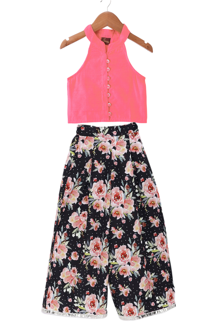 woven chanderi sleeveless solid top with printed palazzo-coral  & black