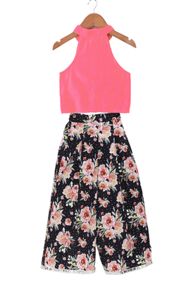 woven chanderi sleeveless solid top with printed palazzo-coral  & black 2