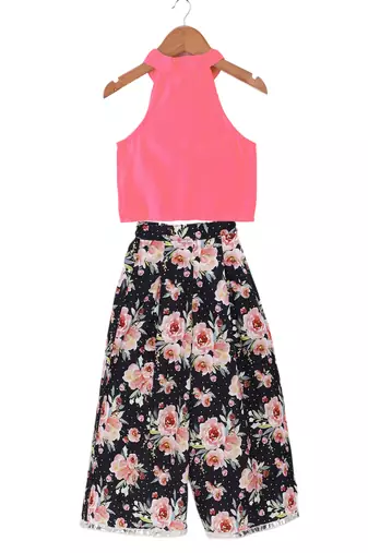 woven chanderi sleeveless solid top with printed palazzo-coral  & black