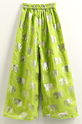woven denim sleeveless solid top with printed palazzo-blue & limegreen 2