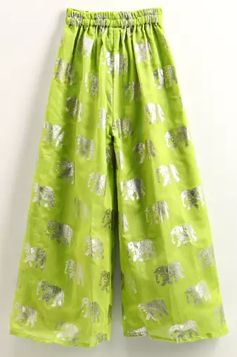 woven denim sleeveless solid top with printed palazzo-blue & limegreen