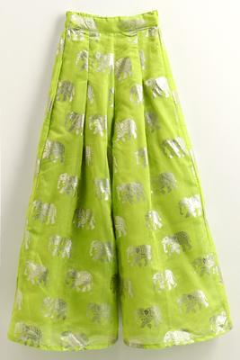 woven denim sleeveless solid top with printed palazzo-blue & limegreen 3