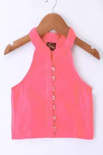 woven chanderi sleeveless solid top with printed palazzo-coral  & black