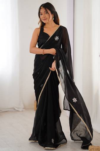 black fandy silk blend moti & val sequence designer saree