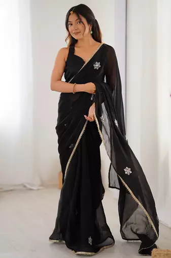 black fandy silk blend moti & val sequence designer saree