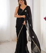 black fandy silk blend moti & val sequence designer saree