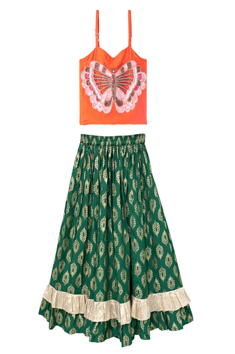 woven sleeveless placement embroidered top with printed lehenga-orange & green