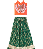 woven sleeveless placement embroidered top with printed lehenga-orange & green