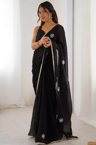 black fandy silk blend moti & val sequence designer saree
