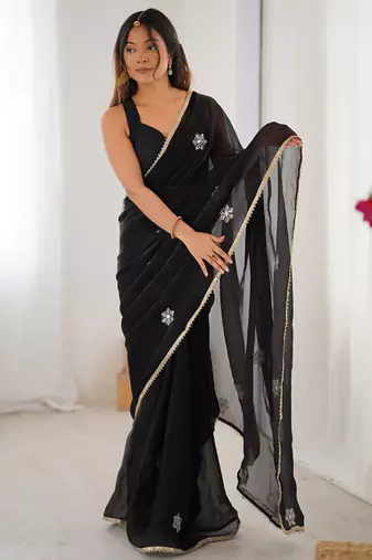 black fandy silk blend moti & val sequence designer saree
