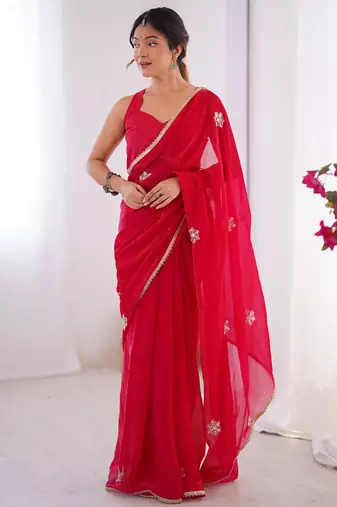 red fandy silk blend moti & val sequence designer saree