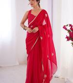 red fandy silk blend moti & val sequence designer saree