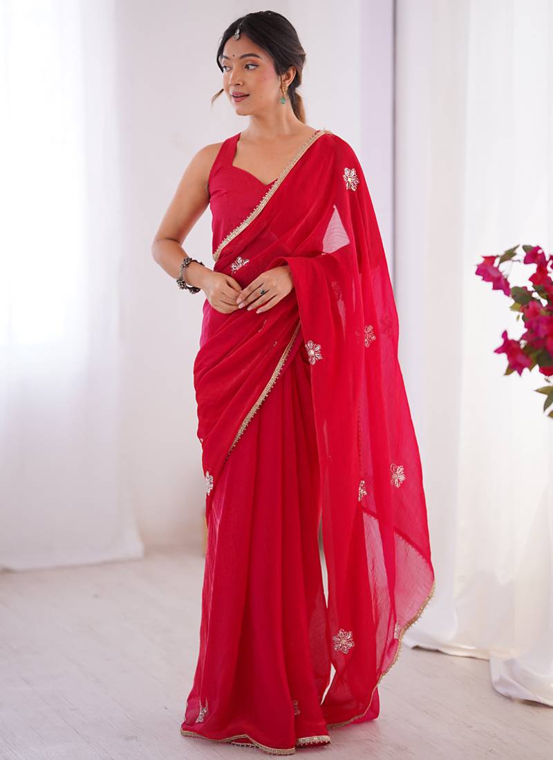 red fandy silk blend moti & val sequence designer saree