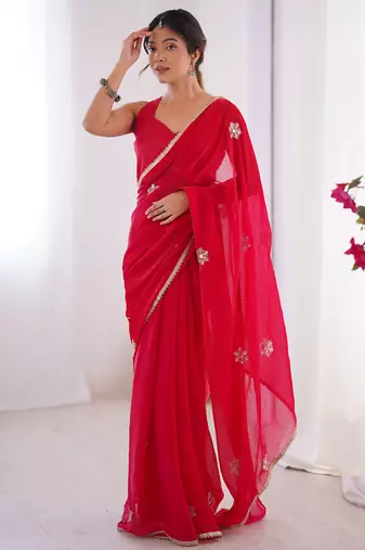 red fandy silk blend moti & val sequence designer saree
