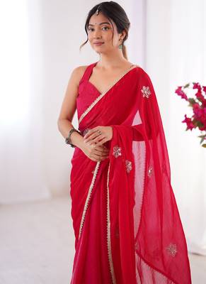 red fandy silk blend moti & val sequence designer saree 3