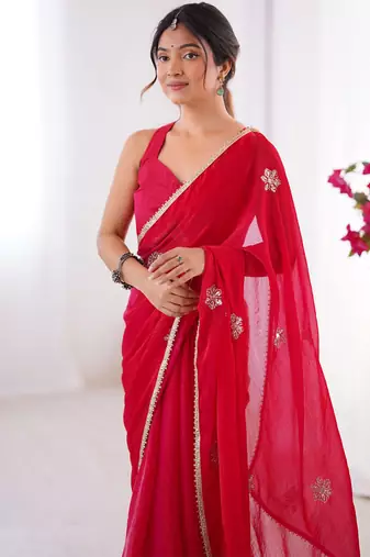 red fandy silk blend moti & val sequence designer saree