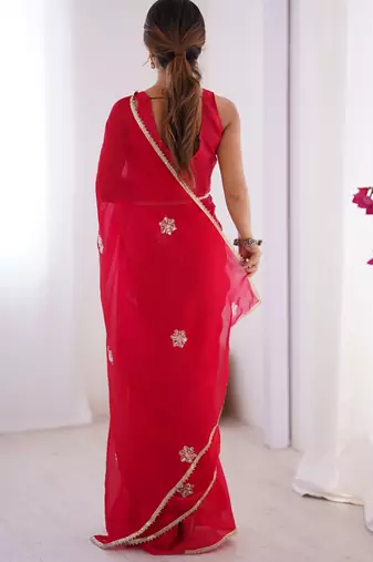 red fandy silk blend moti & val sequence designer saree