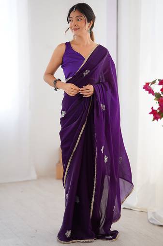 violet fandy silk blend moti & val sequence designer saree