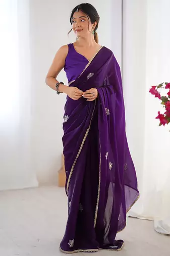 violet fandy silk blend moti & val sequence designer saree