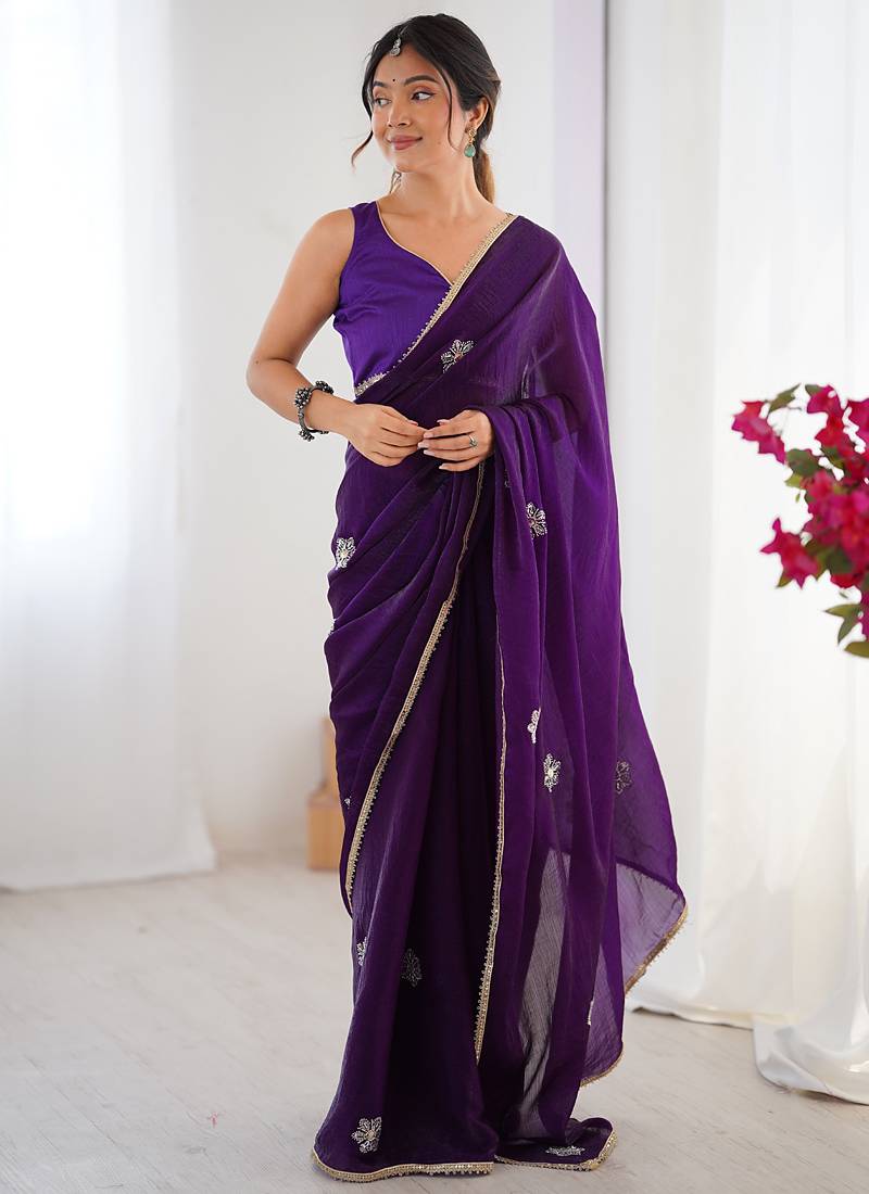 violet fandy silk blend moti & val sequence designer saree