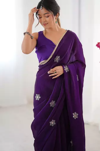violet fandy silk blend moti & val sequence designer saree