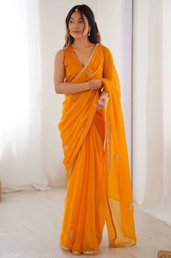 yellow fandy silk blend moti & val sequence designer saree