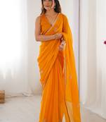 yellow fandy silk blend moti & val sequence designer saree