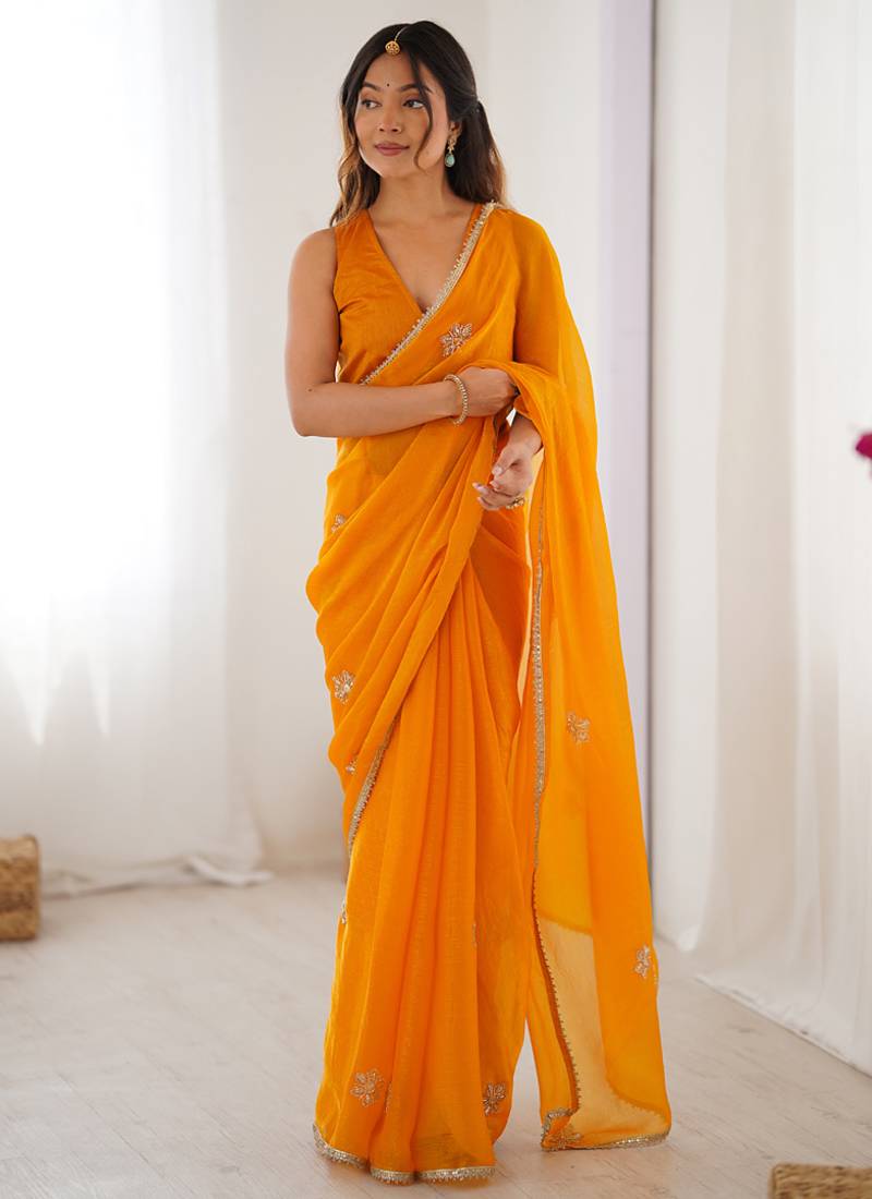 yellow fandy silk blend moti & val sequence designer saree