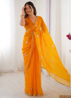 yellow fandy silk blend moti & val sequence designer saree 2